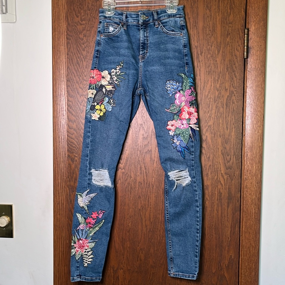TOPSHOP Floral Embroidered Blue Jeans Moto Jamie - Picture 2 of 8